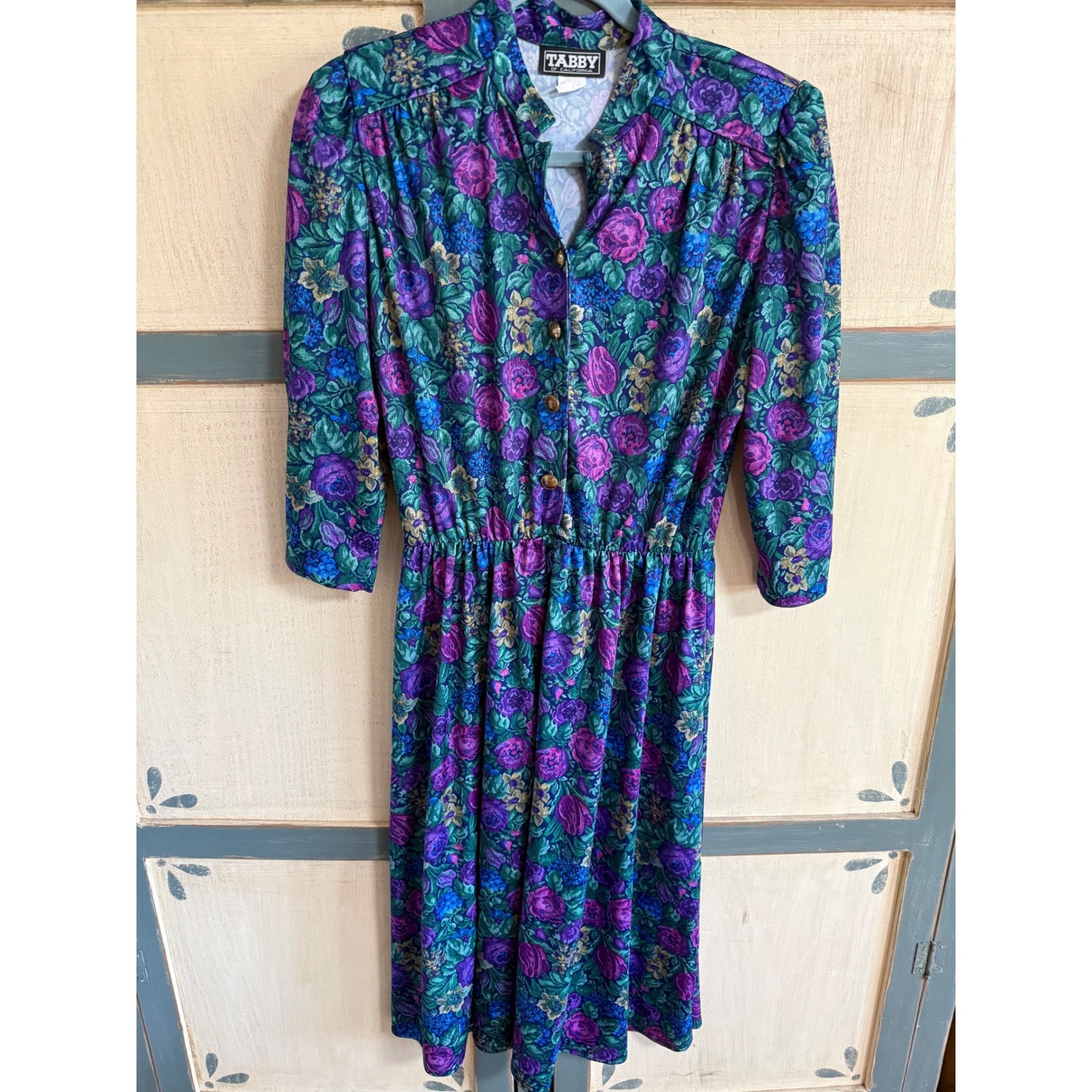 Vintage Tabby of California Floral Midi Dress Purple Teal 80s Elastic Waist 12