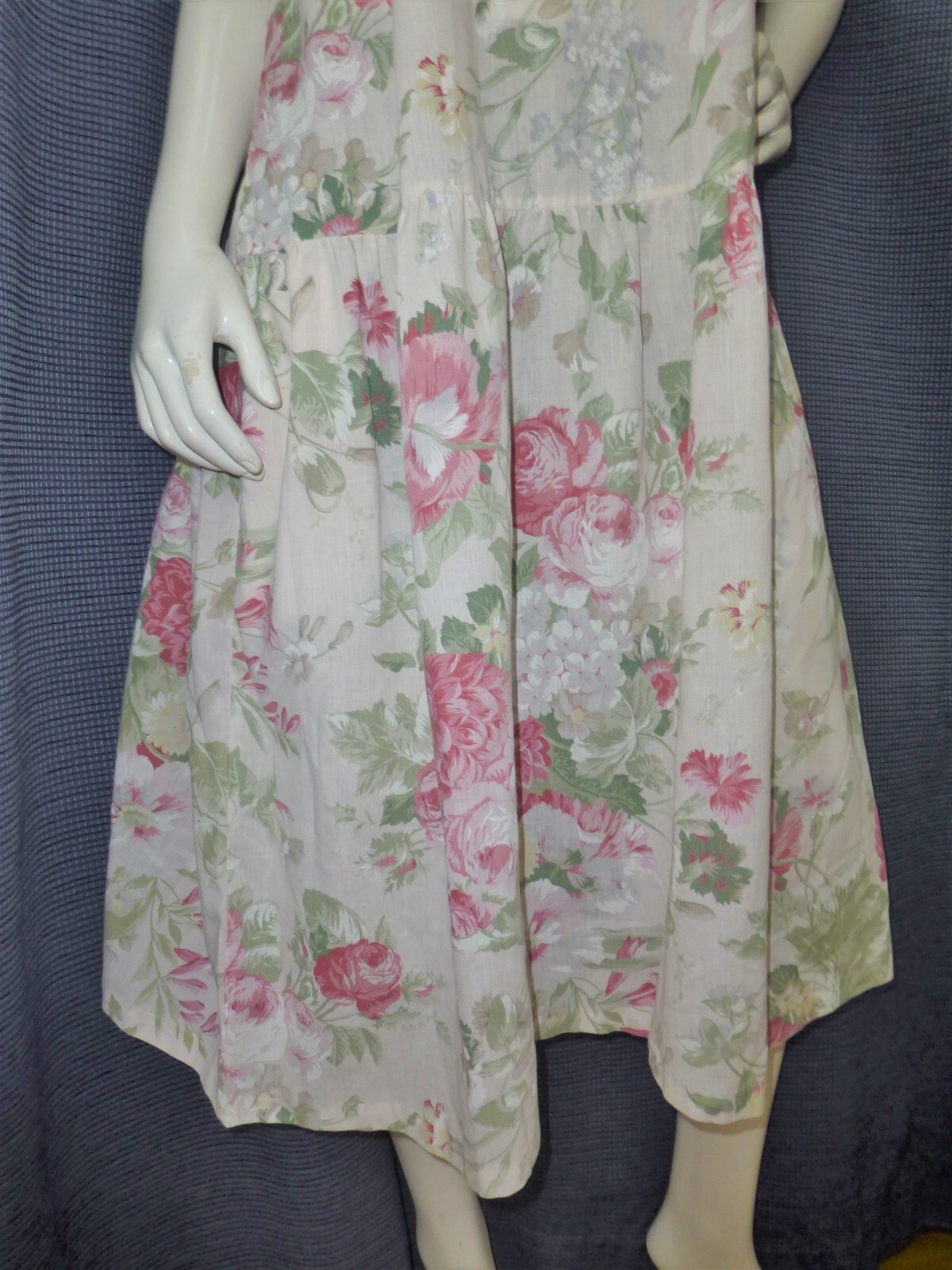 Vtg 80s Garden Floral Print Muslin COTTON Country Drop waist Boho midi Dress ML
