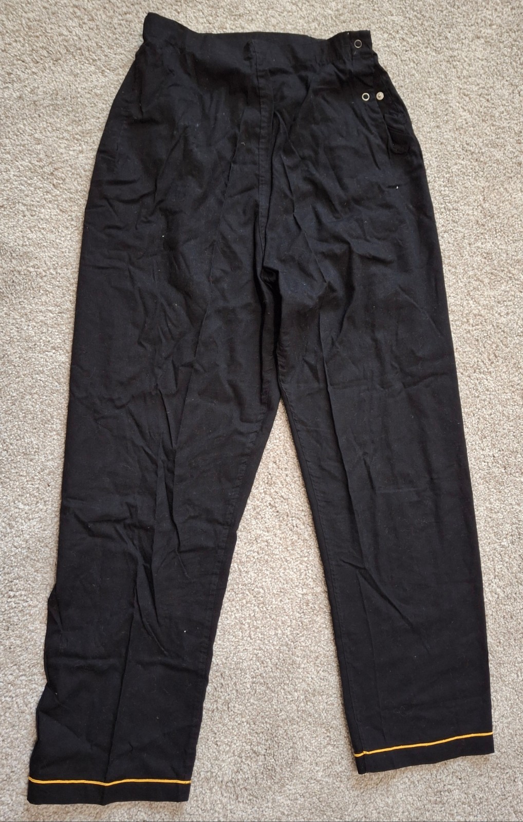 Vintage High Waisted Asian Style Black Trousers Yellow Gold Trim Side Button