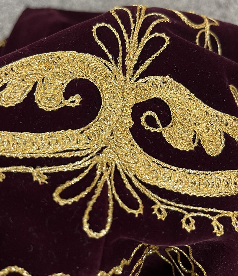 Vintage Burgundy Velvet Gold Embroidered Caftan Boho Dress Bell Sleeve
