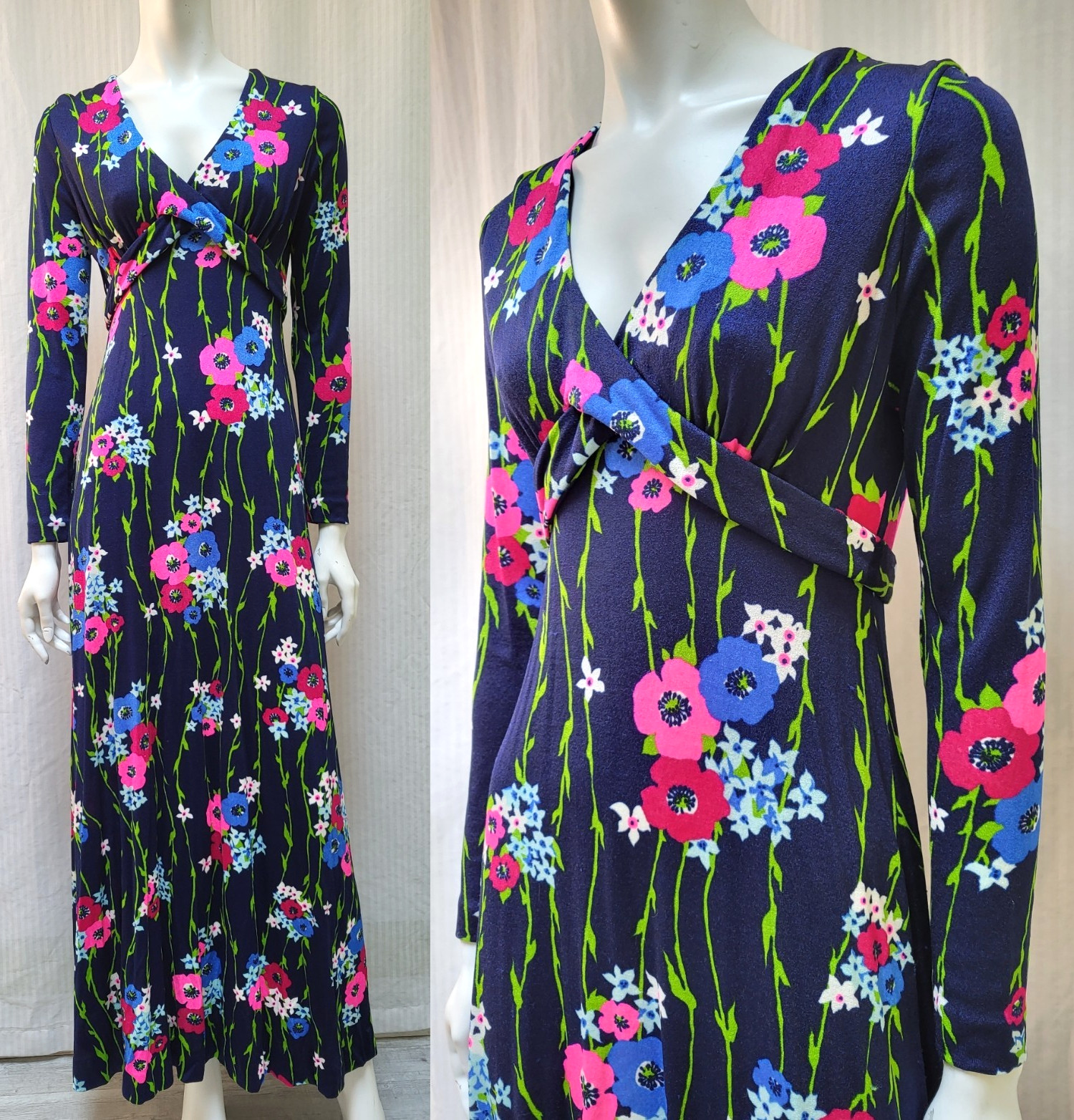 Vintage MISS MAGNIN at I. MAGNIN Blue Floral Knit Maxi Dress – Size S – EUC
