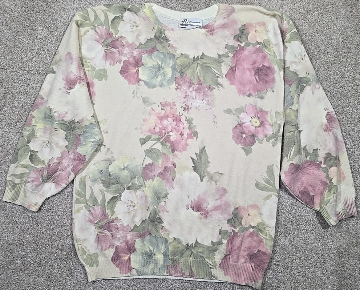 RIO Fashions Vtg Floral Print Sweater USA Made Lightweight 3/4 Sleeve Women’s M
