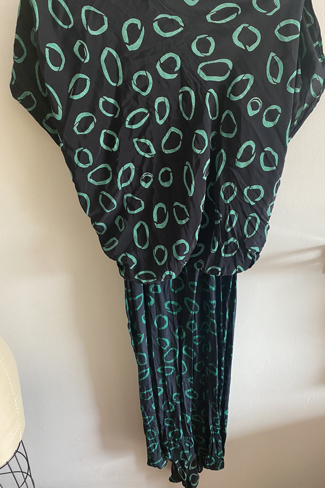 VTG 80’s Toury Dress Black Teal Geometric Overskirt SS Button, Zip Front 6 Rayon