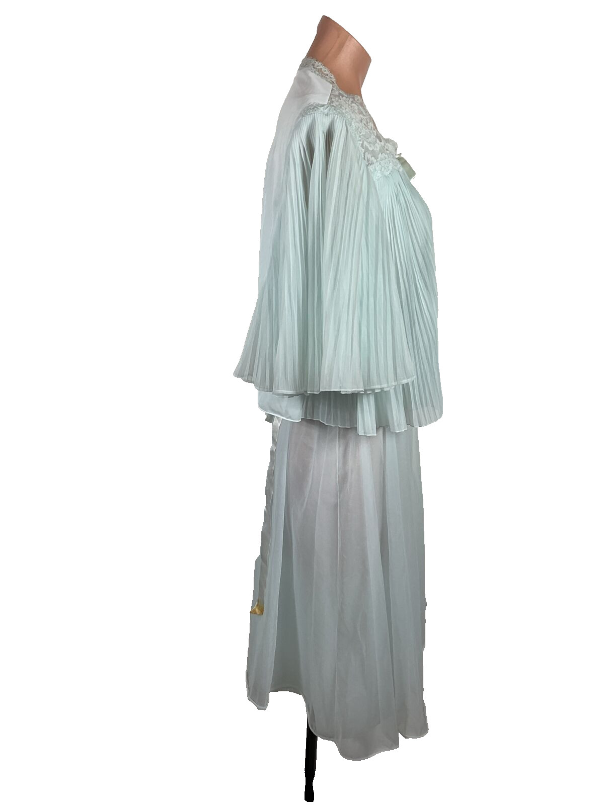 VTG PERMA PLEAT CHIFFON LACE 200″ SWEEP Peignoir ROBE Gown Cape 3pc Set RARE!!!
