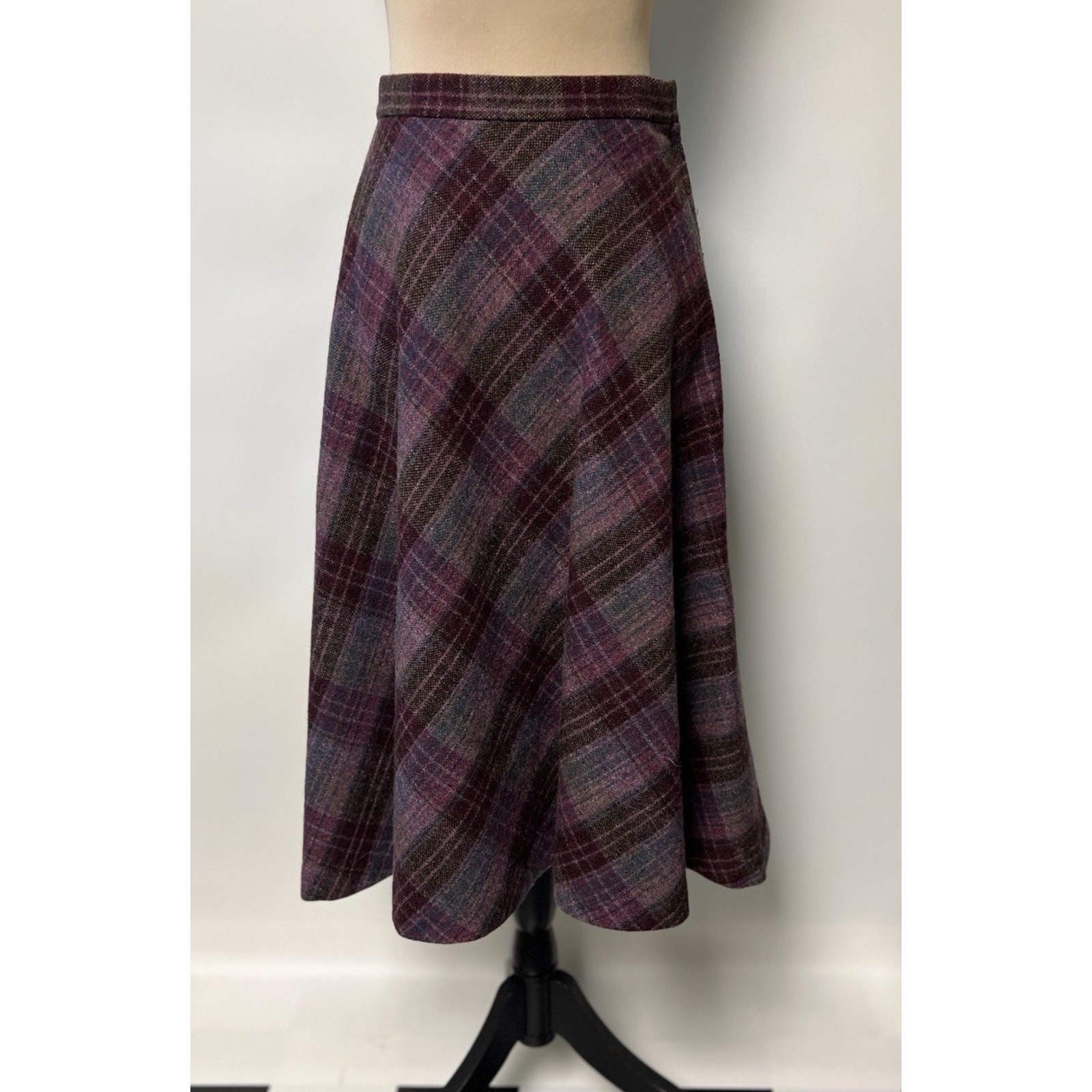 70s Purple Plaid Tweed Wool Blazer Suit Jacket Midi Skirt Size 6 Dark Academia