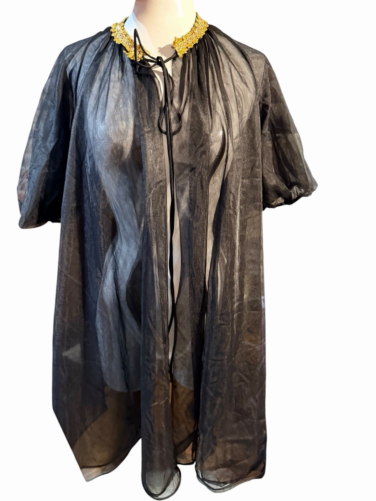 Vintage Black Sheer Peignoir Robe Gold Beaded Chiffon Duster Medium Made USA