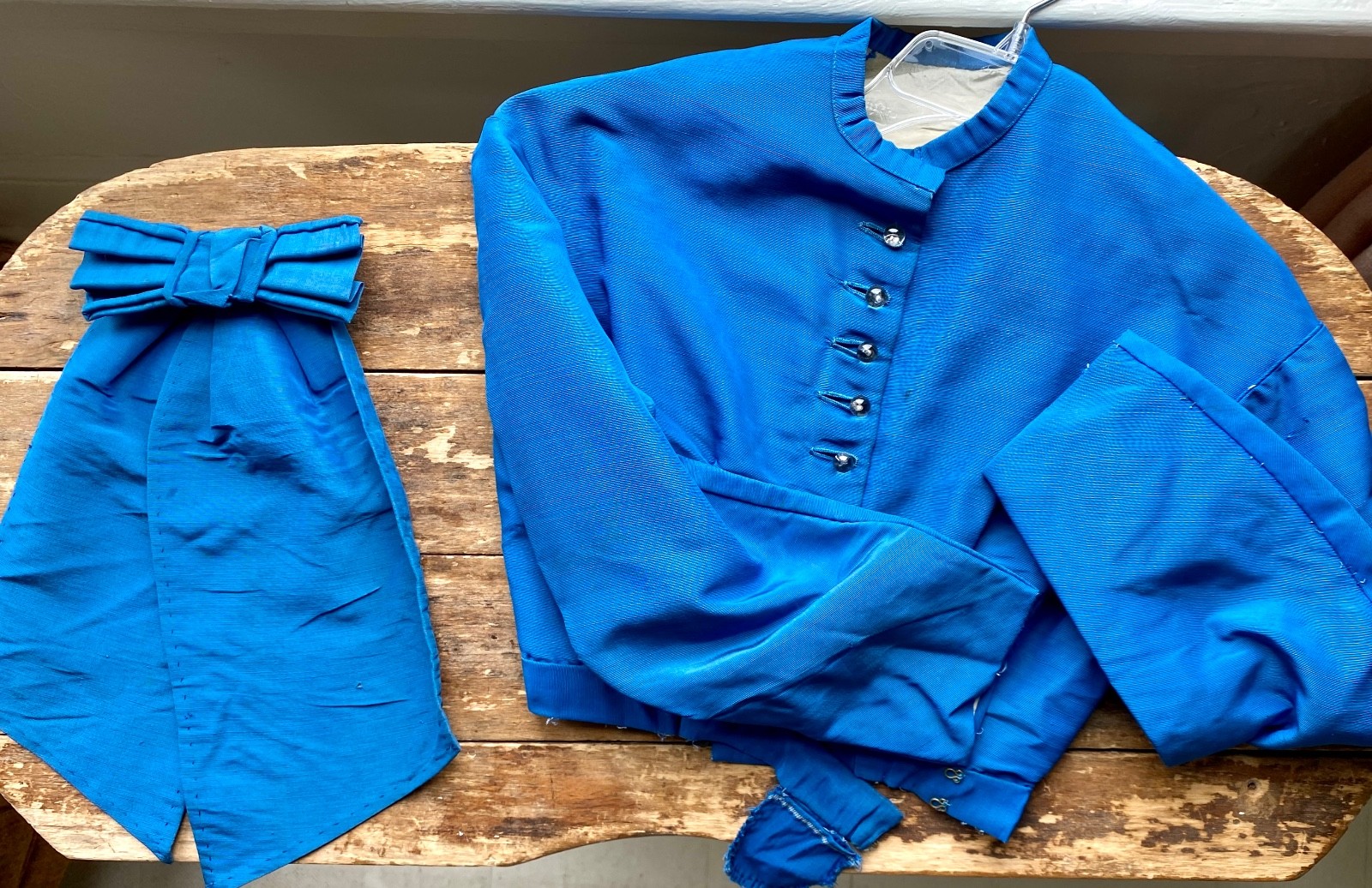 1860s Blue Bodice Civil War Era Glass Ball Buttons Antique Silk Faille