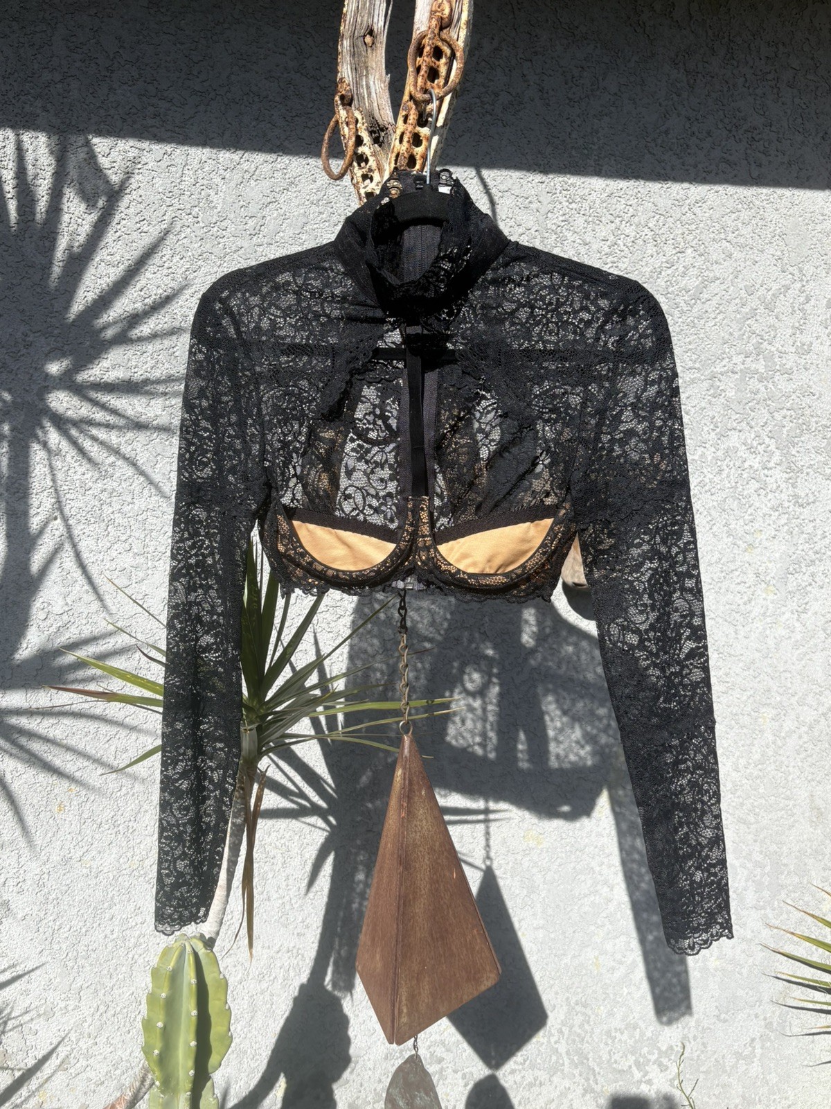 Vintage Lace TRASHY LINGERE OPEN BUST BLACK Zip Back BUSTIER Turtleneck Sz S