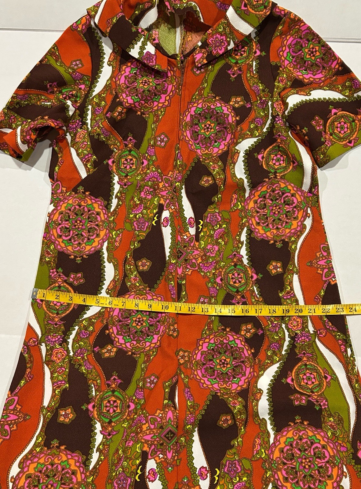 Vintage 70s Retro Mod Psychedelic Shift Dress Poly Knit Handmade Womens L *Glows