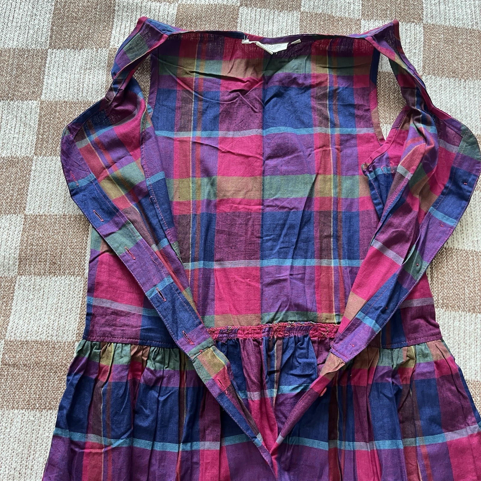 Vintage 90s plaid jumper day dress womens M pink purple blue green sleeveless