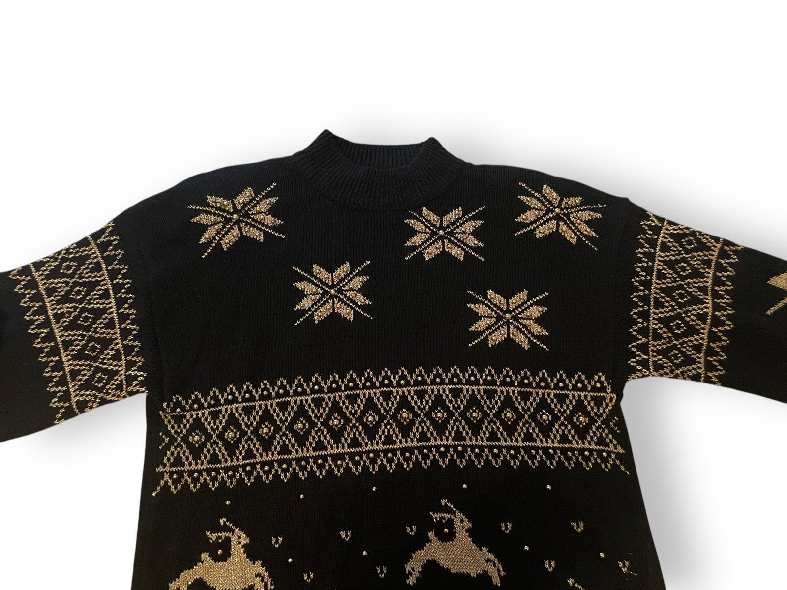 VTG Women’s EMINENT Black & Gold Knit Christmas Sweater Reindeer & Poinsettia M