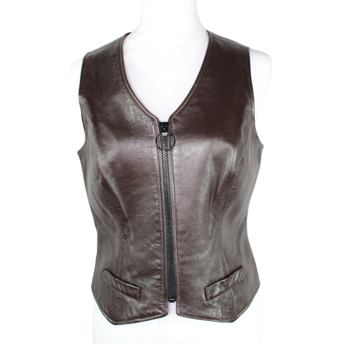 Vintage Nanette Lepore Brown Leather Fitted Vest Top Flattering Black Zipper 10