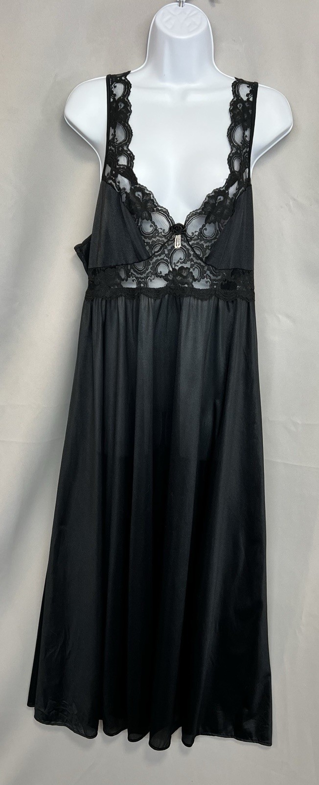 Vintage ADONNA Long SILKY Sweep GOWN Satin LACE Nightgown Black USA Sz XL Y2K