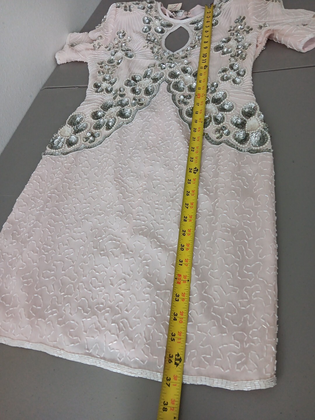 Jennifer Evening Gown Medium Light Pink Midi Silk Bead Sequin Keyhole NEW Bridal