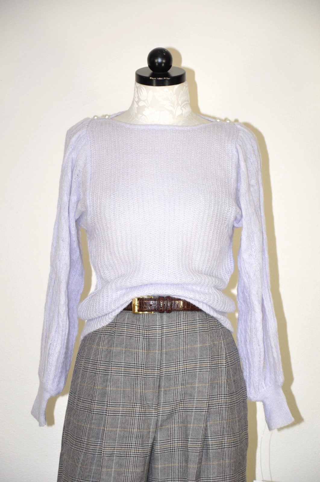 70s VTG Lavender Purple Mohair Puff Sleeve Pearl Buttons Knit Sweater Women XS