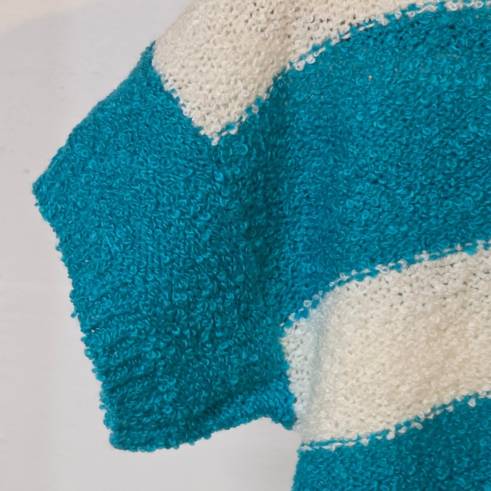 Vintage Career Club Teal White Striped Boucle Short Sleeve Sweater L78362