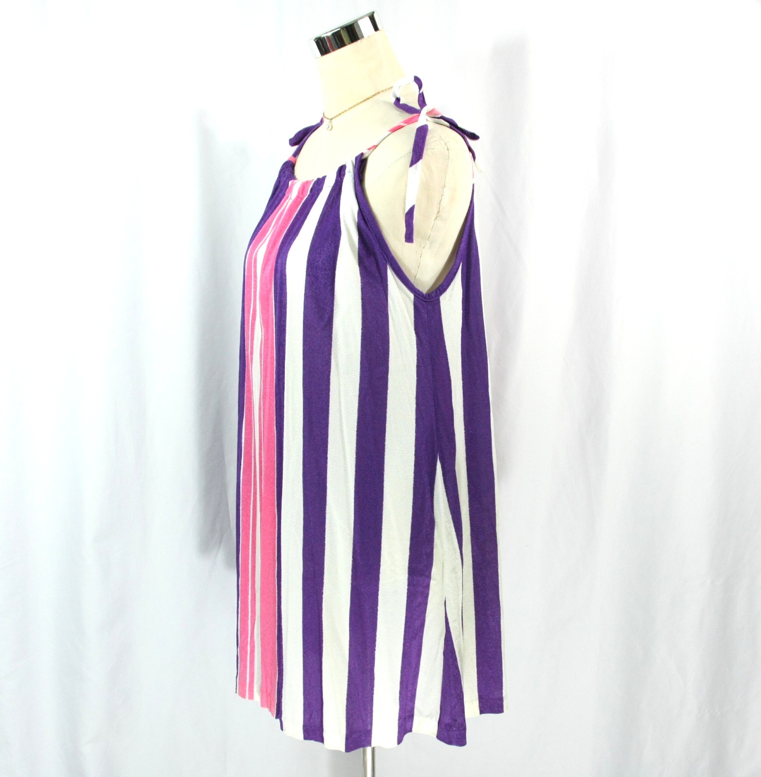 Vintage Striped String Tie Pool Beach Cover Terry Mini Dress Sundress 1970s