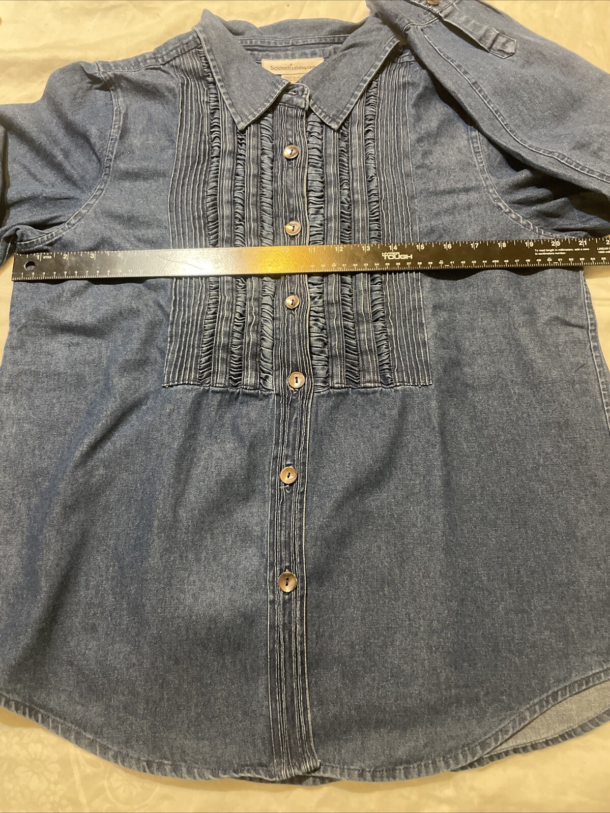 SERENGETI Catalog.com Vintage Pleated Denim Long sleeves Blouse Cowgirl Sz L