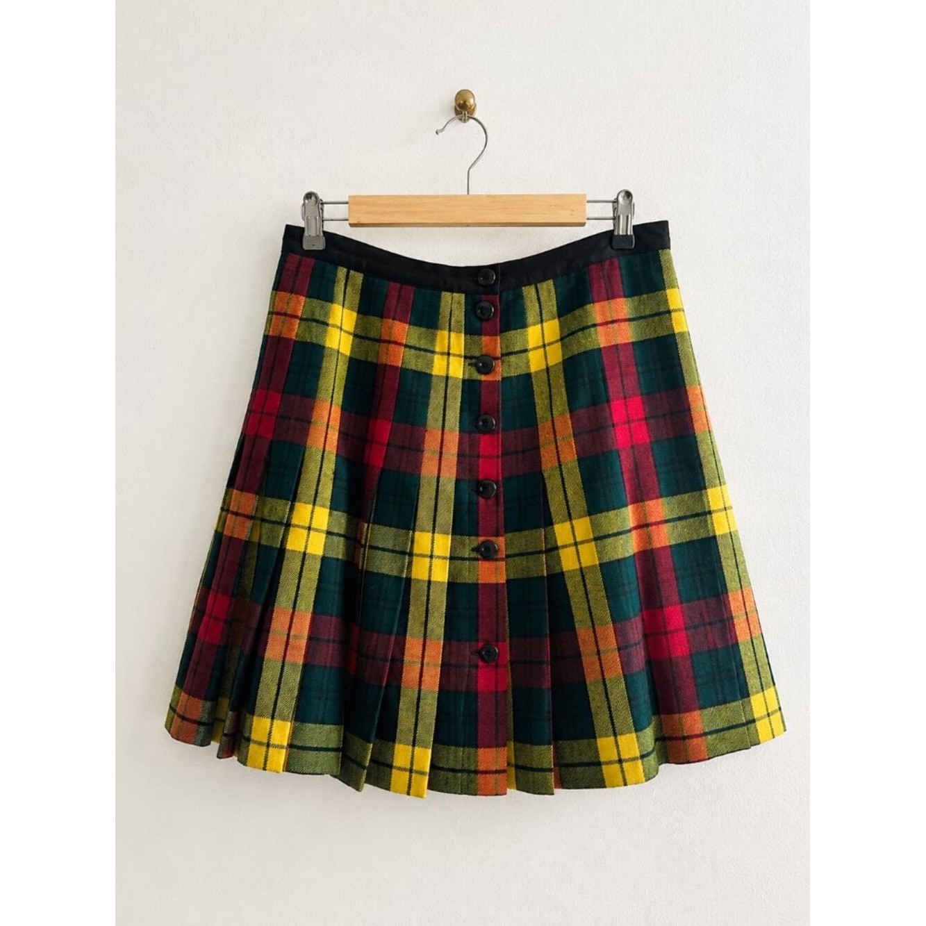 Vintage Escada Tartan Plaid Button Down Wool School Girl Skirt