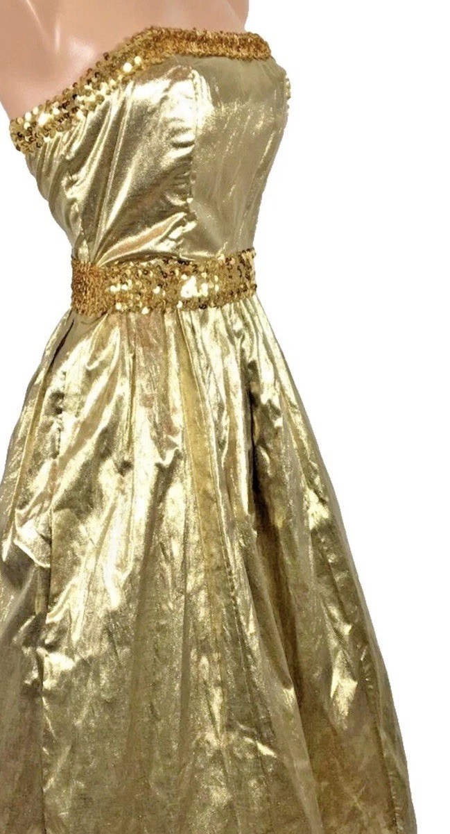 Vintage 80’s JC Penny Gold Lame Gown Party Prom Sequin Spaghetti Strap Dress XS