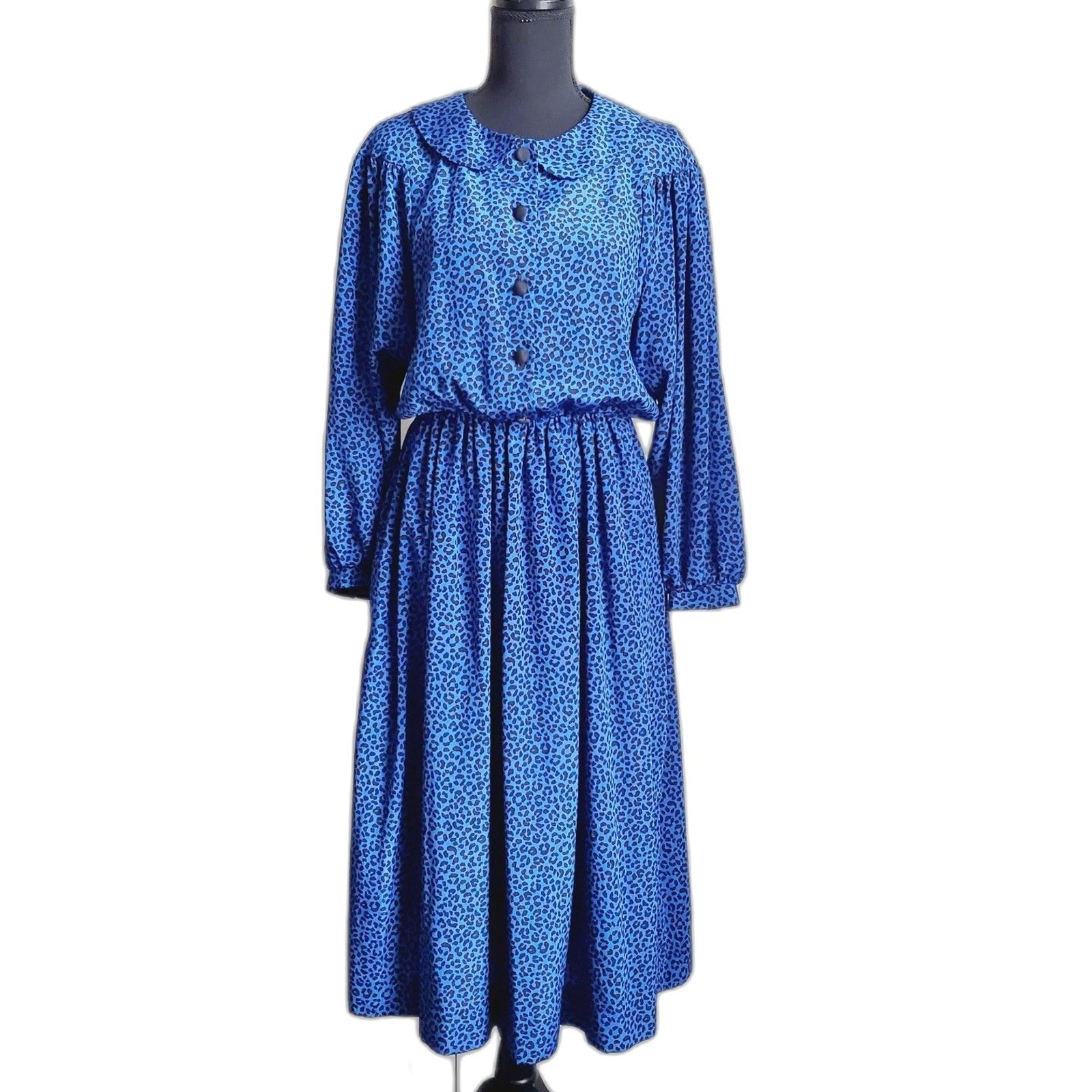 Vintage Tribute Blue Animal Print Dress Elastic Waist Long Sleeve Size M GUC