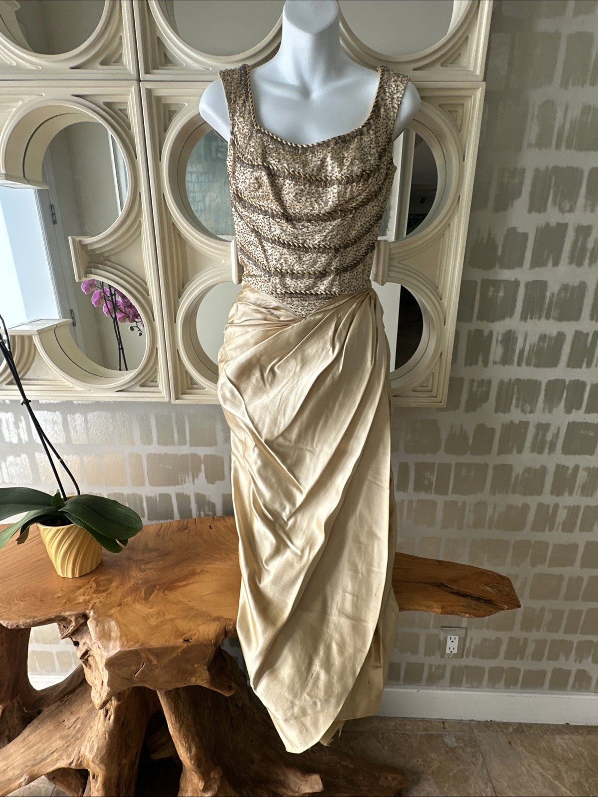 Ceil Chapman 50s Patented Champagne Gold Satin & Beaded Bustier Sarong Gown XS