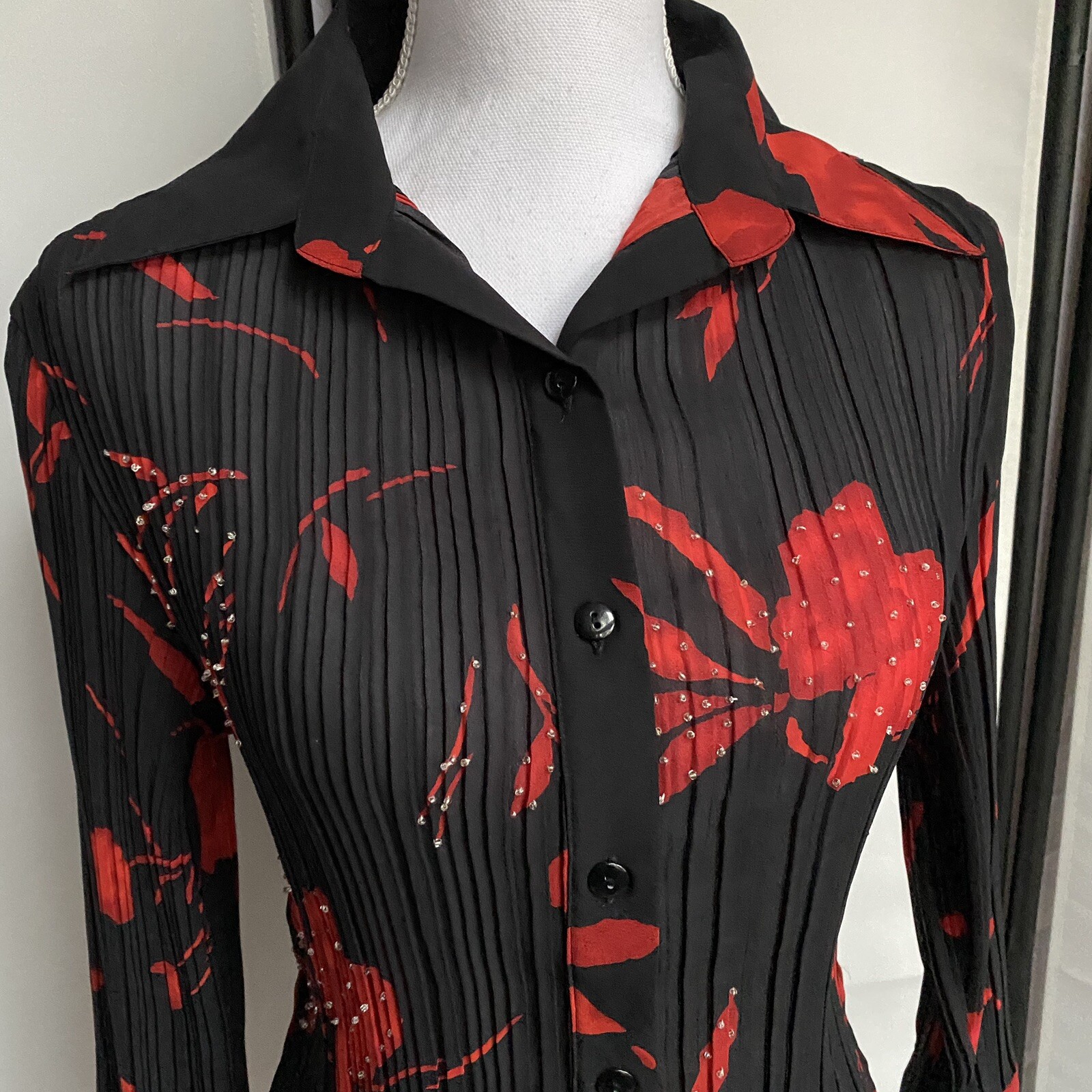 Patchington Vtg Womens Small See Through Top Black Red Button Up Shirt Floral E7