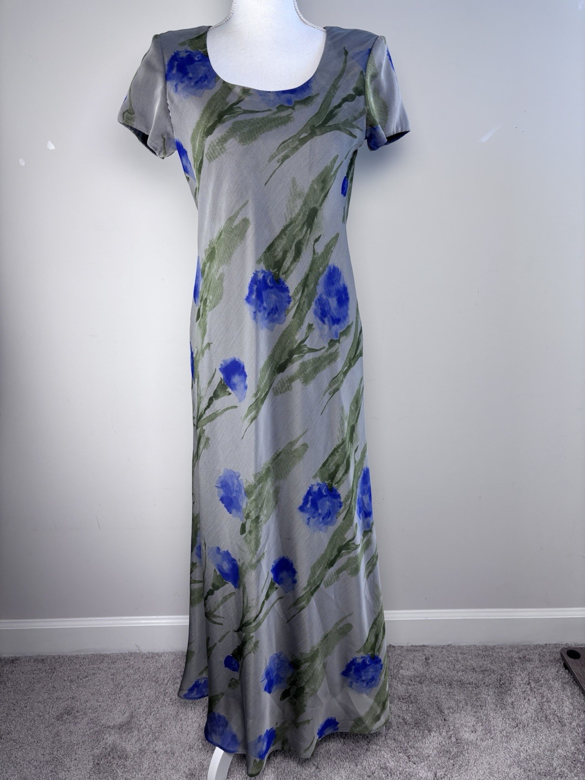 Vintage Jessica Howard Watercolor Floral Gray Silk-Look Maxi Dress Cottagecore