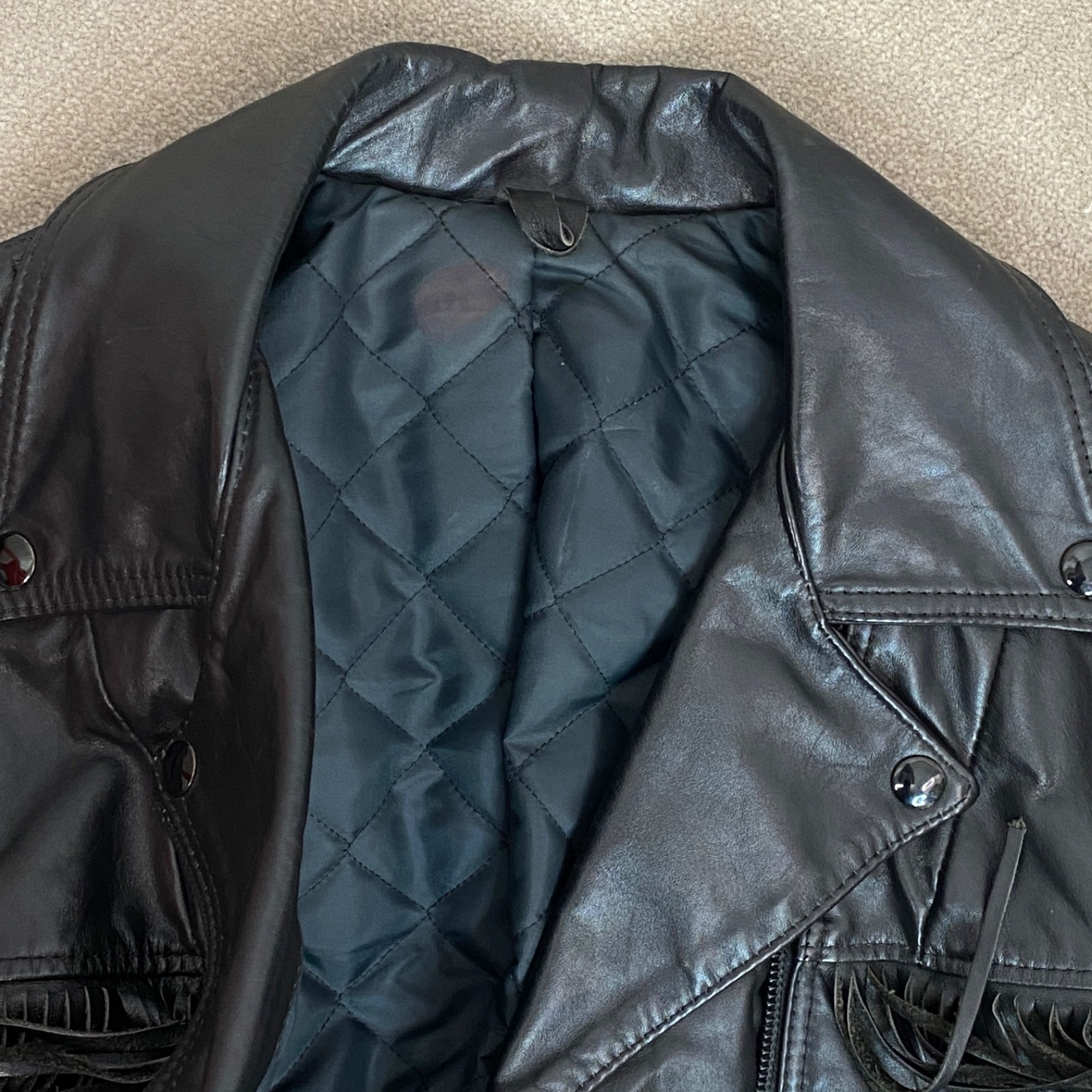 Vintage black leather fringe jacket women’s S M moto rocker biker TAURUS