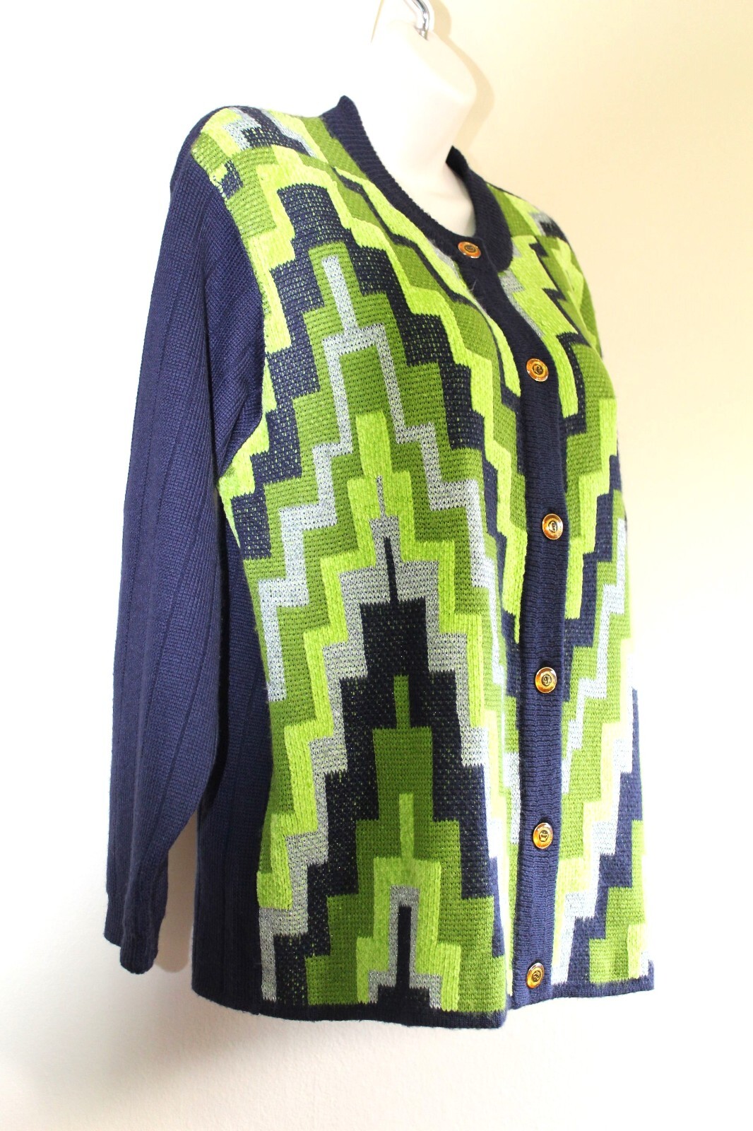 M Vintage 60s d. 1920s Camela Cardigan Art Deco Navy Green Wool Blend Sweater