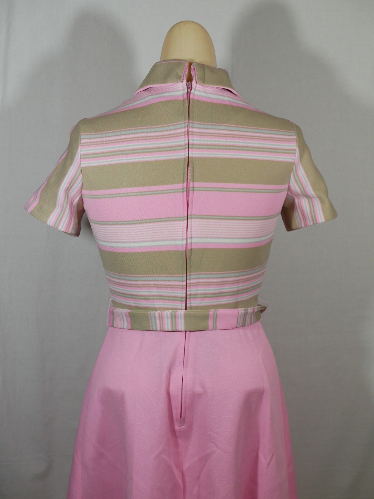Vtg 60s C. M. Courtney Pink Green Geometric Stripes Dress Mod GoGo Sz 7/8 Belt