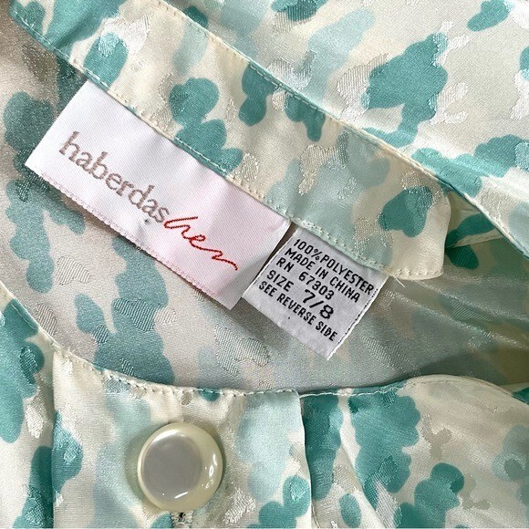Vintage HaberdasHer Turquoise White Silver Patterned Blouse Shirt Size 7/8