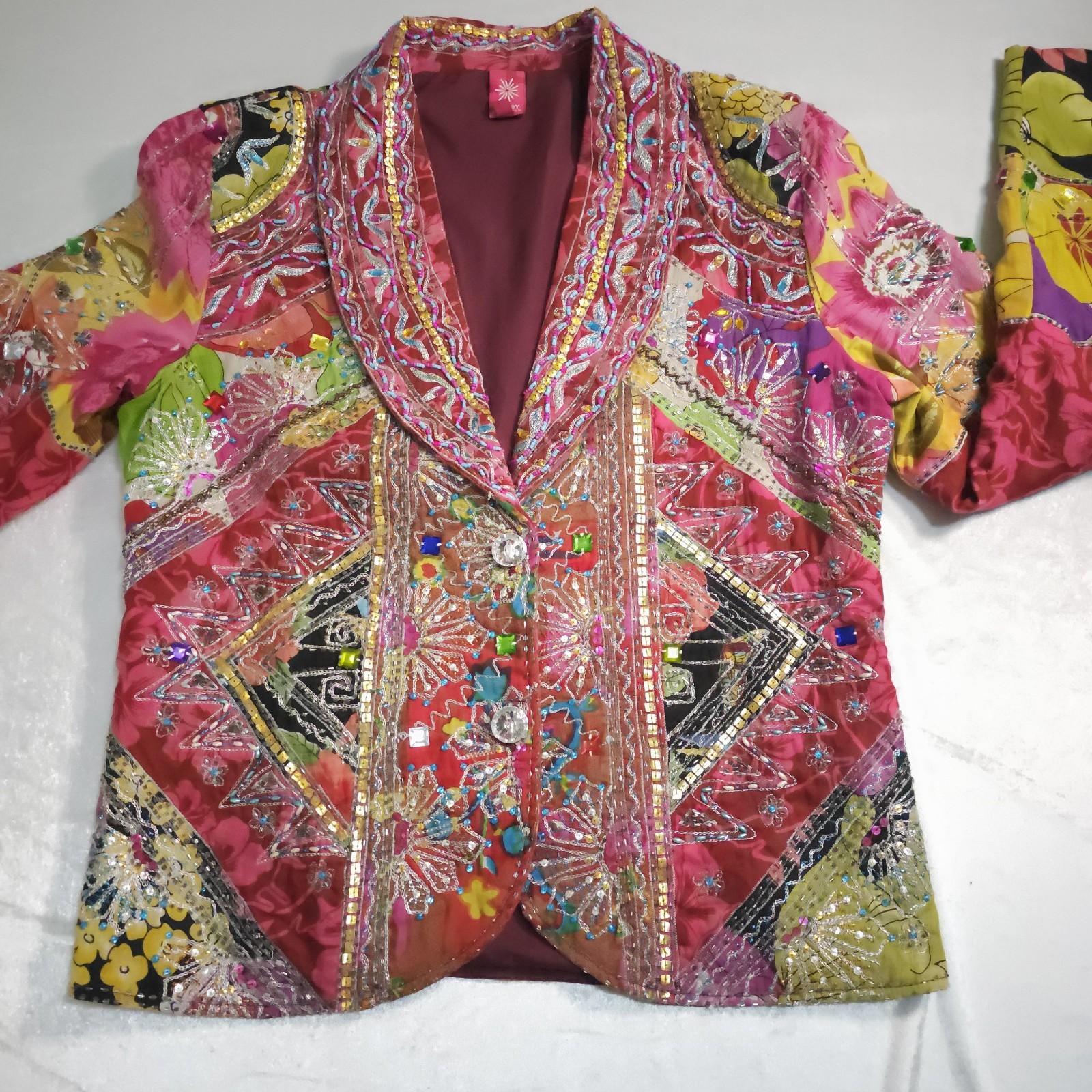 Vtg 90s Sandy Starkman Jacket Beaded Sequin Colorful Patchwork Boho India Dopa M