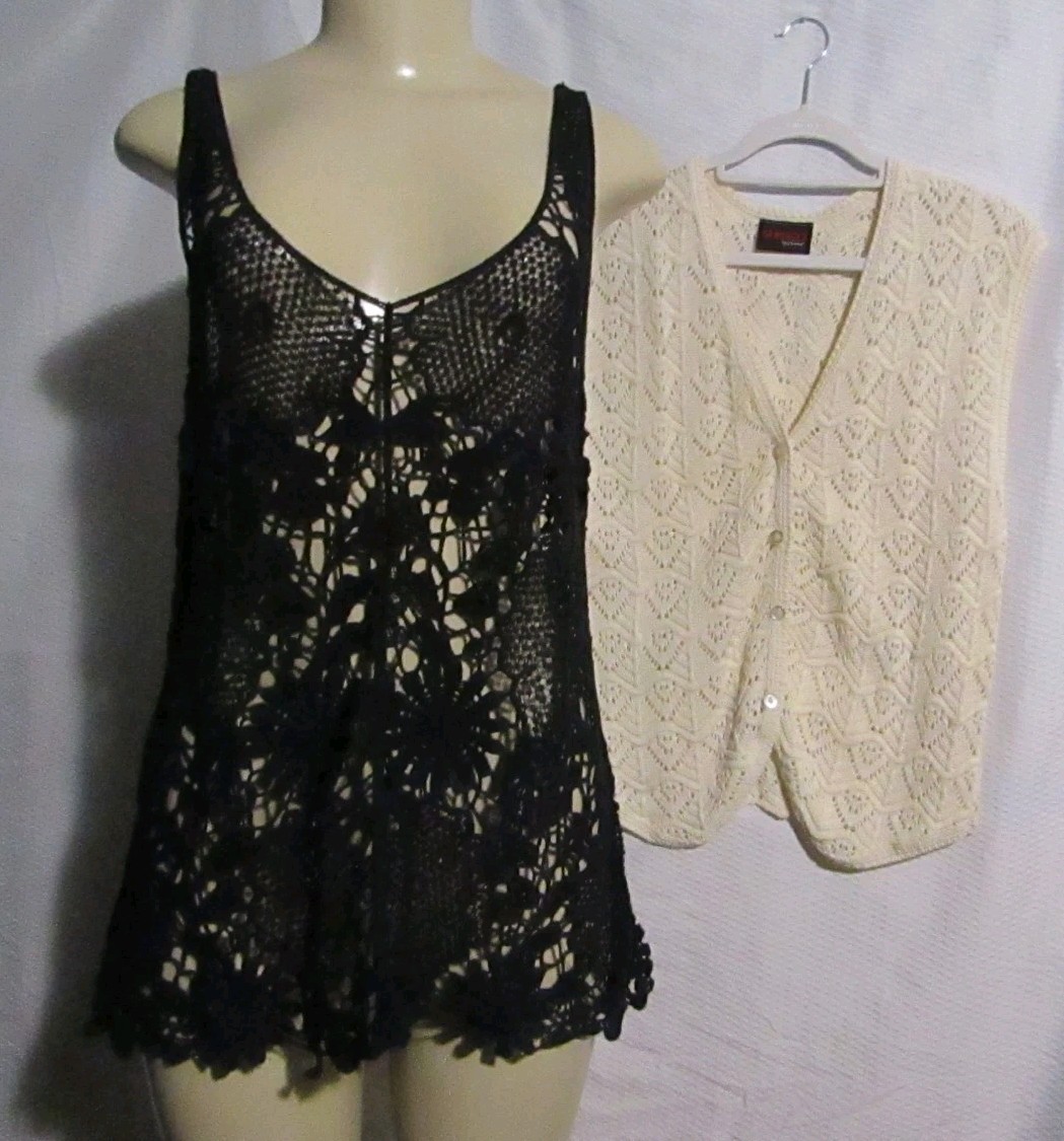 Lot of 2 ~ Black Crochet Lace Coverup Top And Ivory Vest Made USA Size M