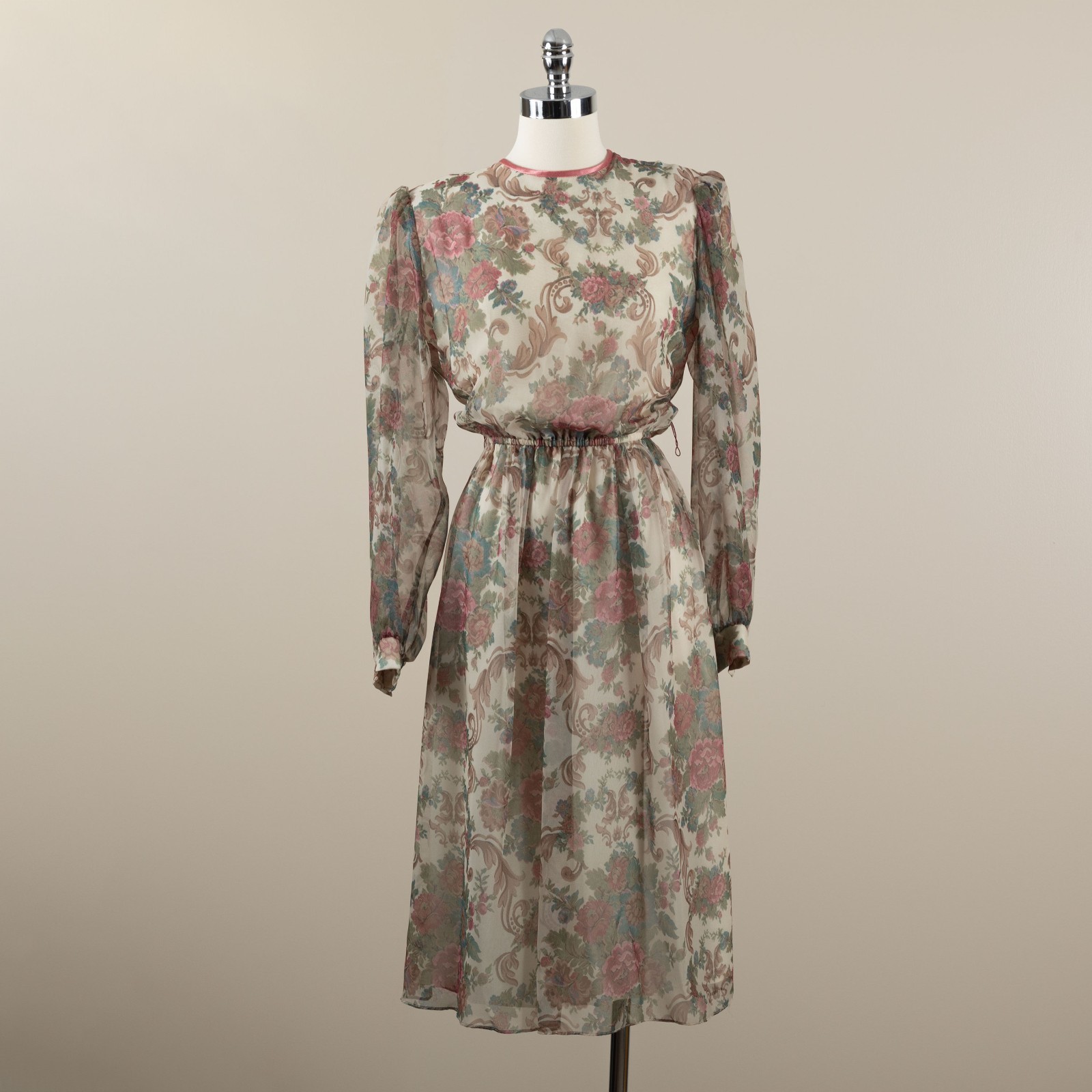 Vintage 80s Lisa Michaels Floral Midi Dress Sheer Sleeve Secretary Size 14