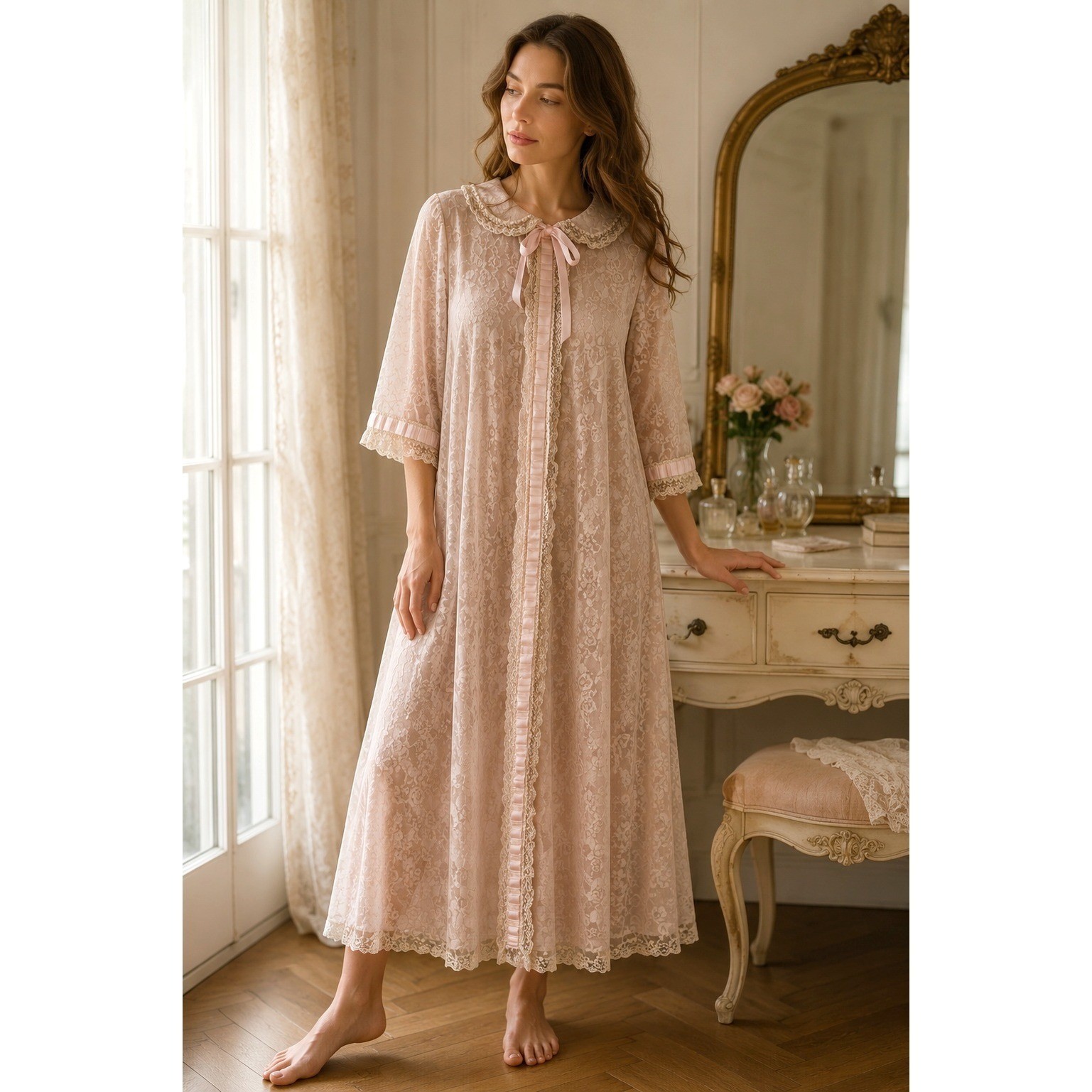 Vintage Odette Barsa Rose Beige Lace Peignoir Robe Ribbon Trim Boudoir Romantic