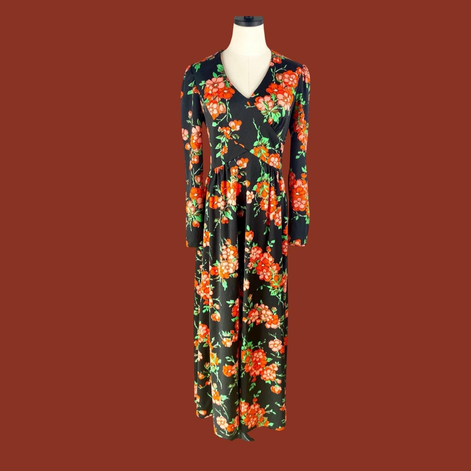 Vintage 1970s Black and Orange Floral Maxi Dress, Boho Festival Dress, Size S/M