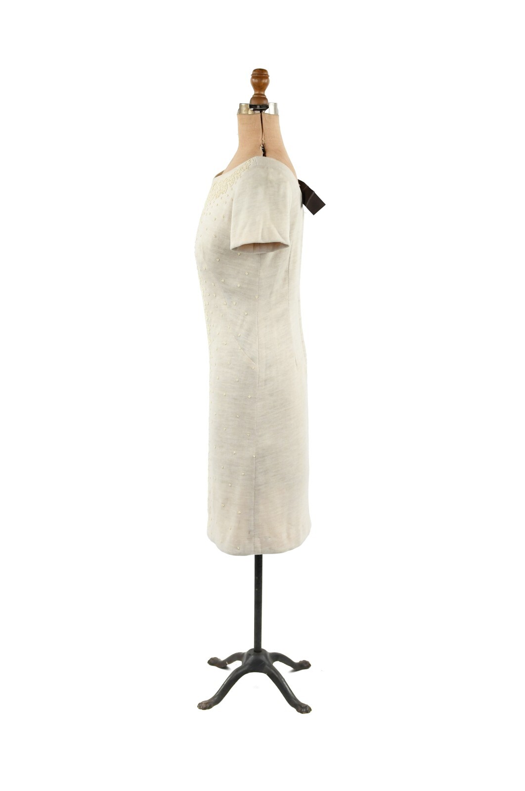 Vintage 60s Light Cream Floral Seed Bead Embellished Hourglass Cocktail Dress S