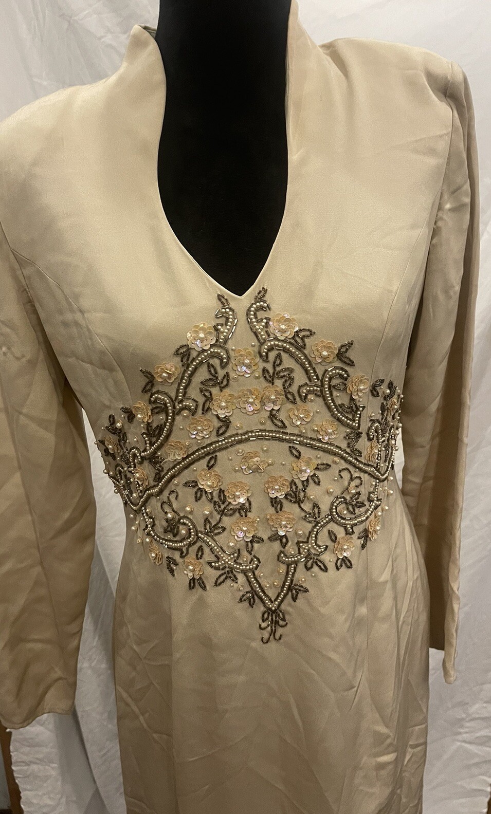 Vintage Niteline by Della Roufogali Gold Sequined Beaded Long 80s Dress Silk 10