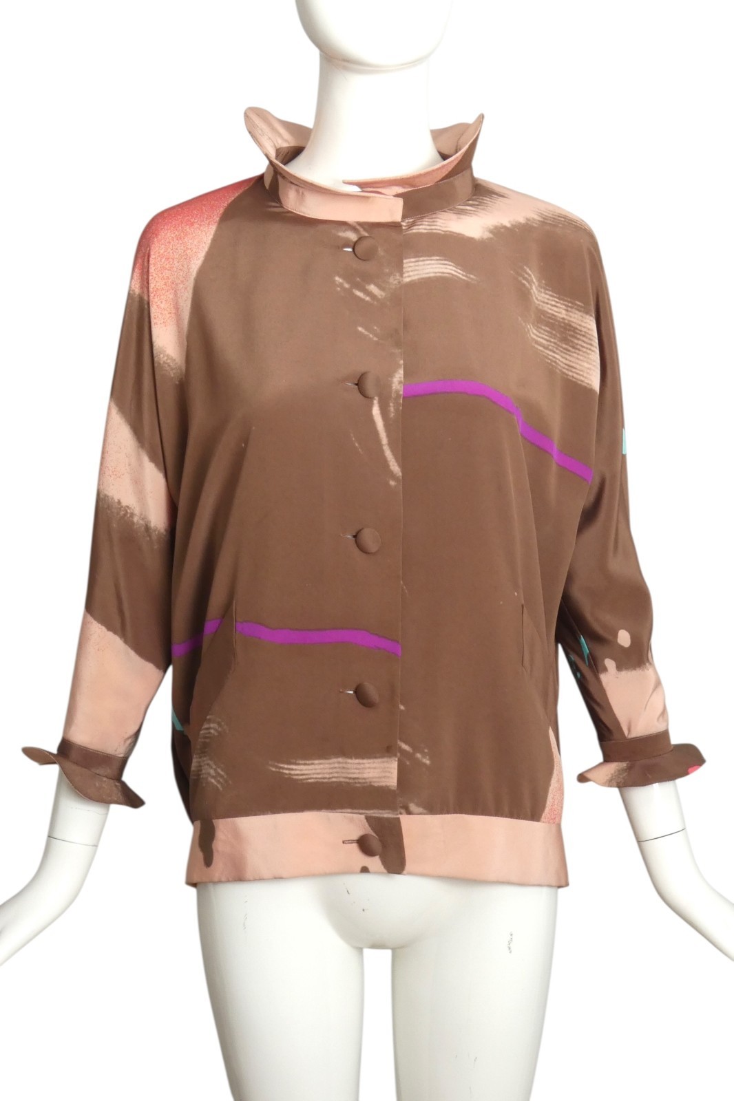 PIERRE CARDIN – 1970s Multi Color Brown Silk Blouse, Size 6