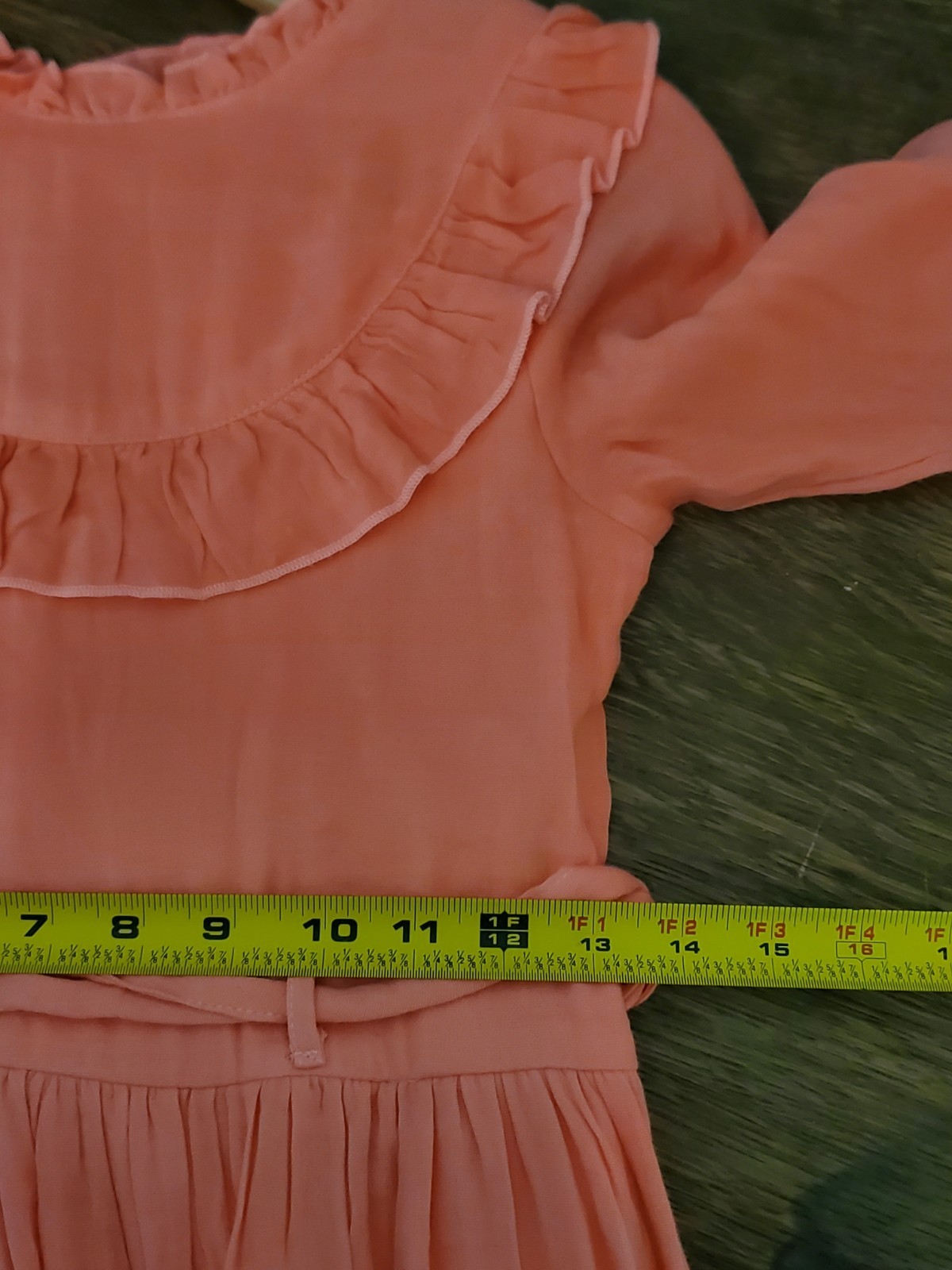 Vintage 70s Prairie Maxi Dress Girls 12 Coral Ruffle Cottagecore Salmon Tie Belt