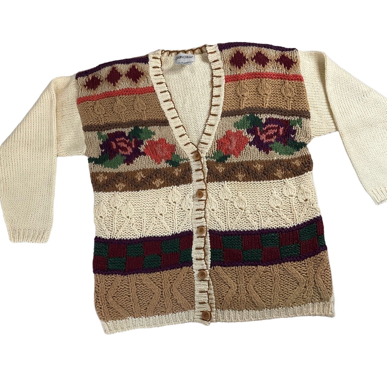 Cabin Creek Vintage Floral Chunky Knit Cardigan Sweater Large