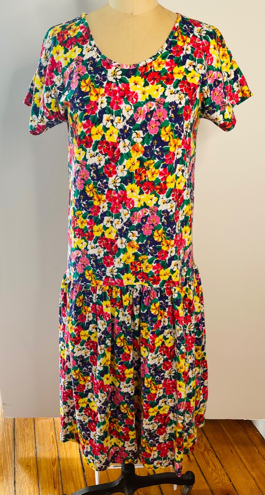 VTG 80’S-90’S RED BLUE YELLOW GREEN FLORAL PRINT DROP WAIST COTTON MIDI DRESS*S