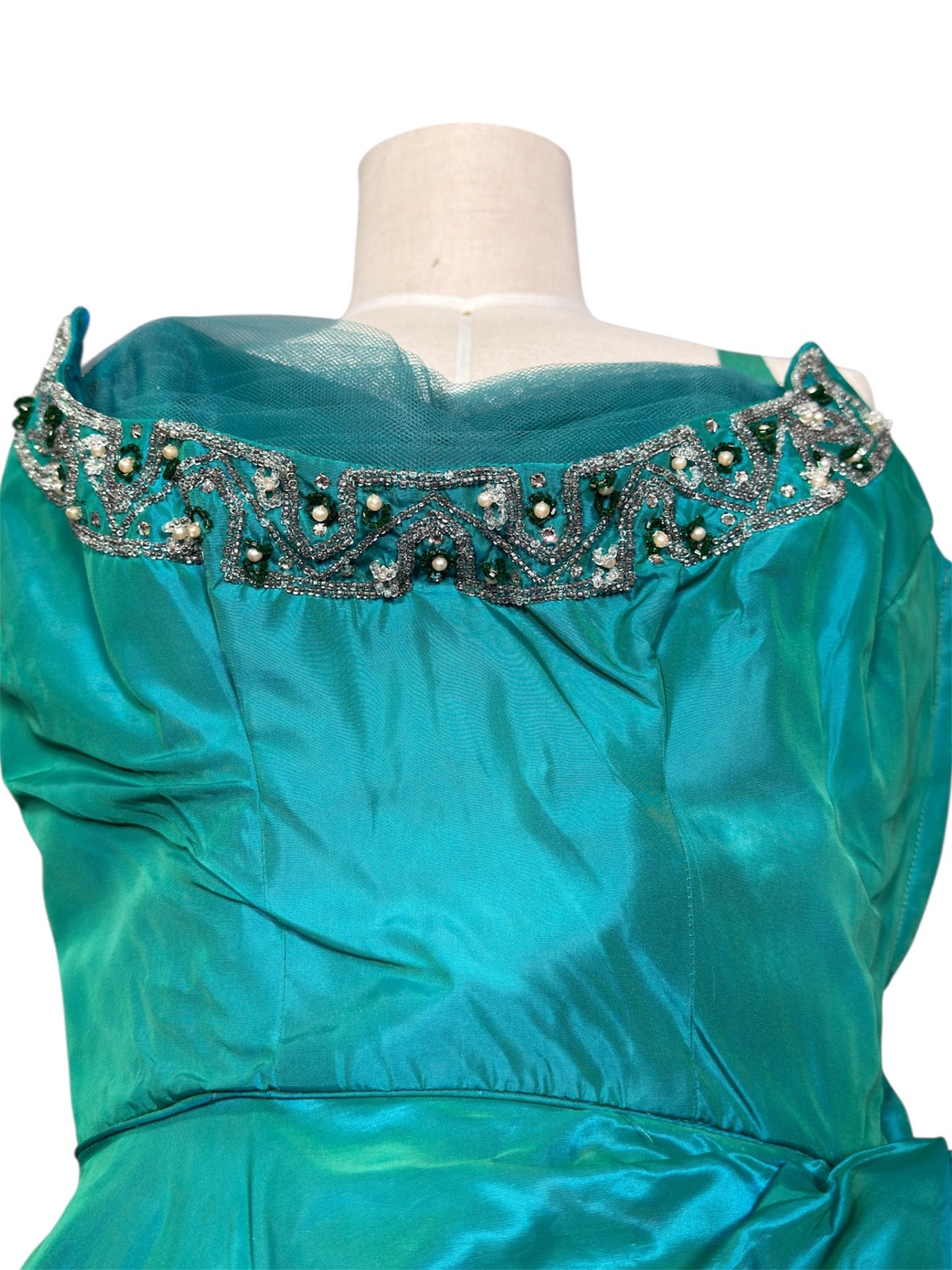 1950s Vintage Fred Perlberg Aqua Satin Cocktail Dress With Beaded Crumb Catcher