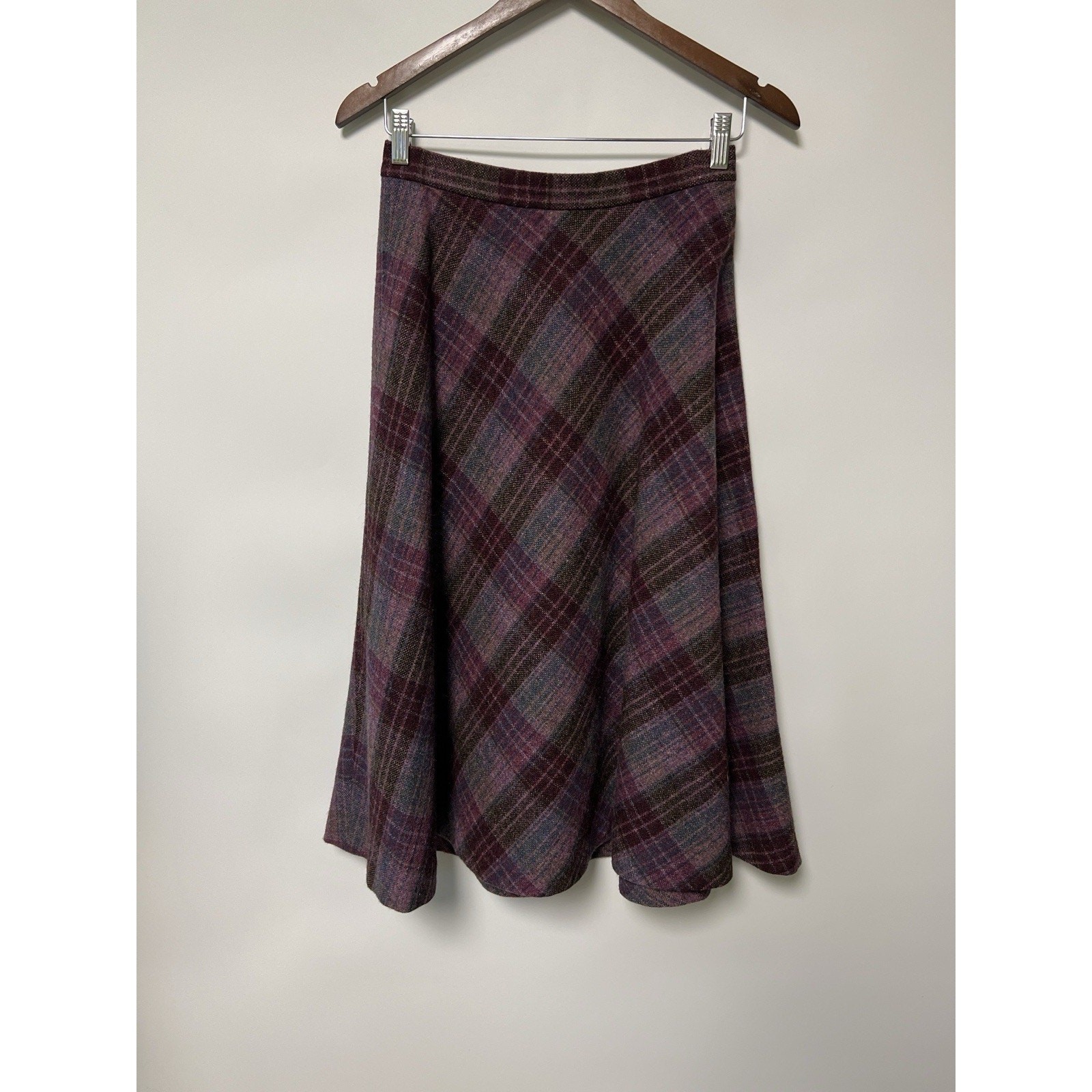 70s Purple Plaid Tweed Wool Blazer Suit Jacket Midi Skirt Size 6 Dark Academia