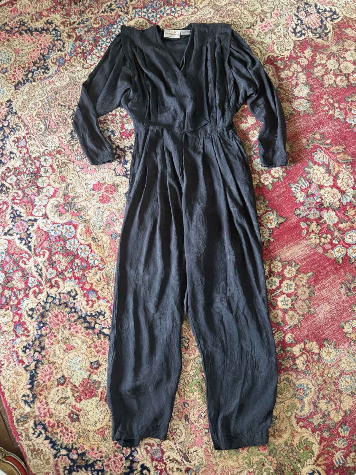 Vintage ‘80s ‘90s Liz Claiborne Black Silk Jumpsuit One Piece Pantsuit 8P XS/S
