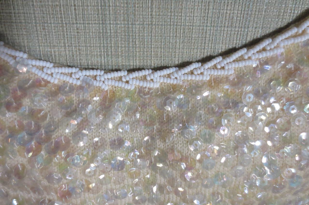Vtg Hong Kong Wool Lined Sparkle Sequins Cream Shell Dangly Fringe Size Medium