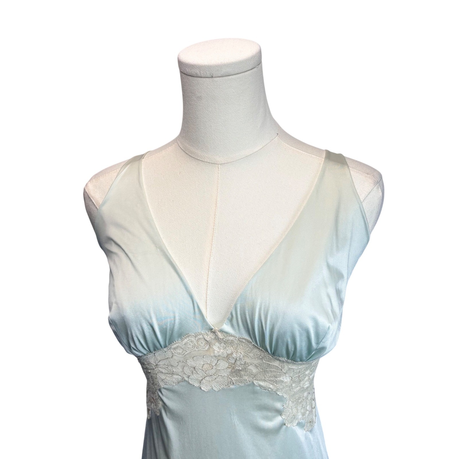 VTG Vanity Fair Maxi Nightgown 38 Aqua Blue Lace Coquette Hollywood Glam M – L