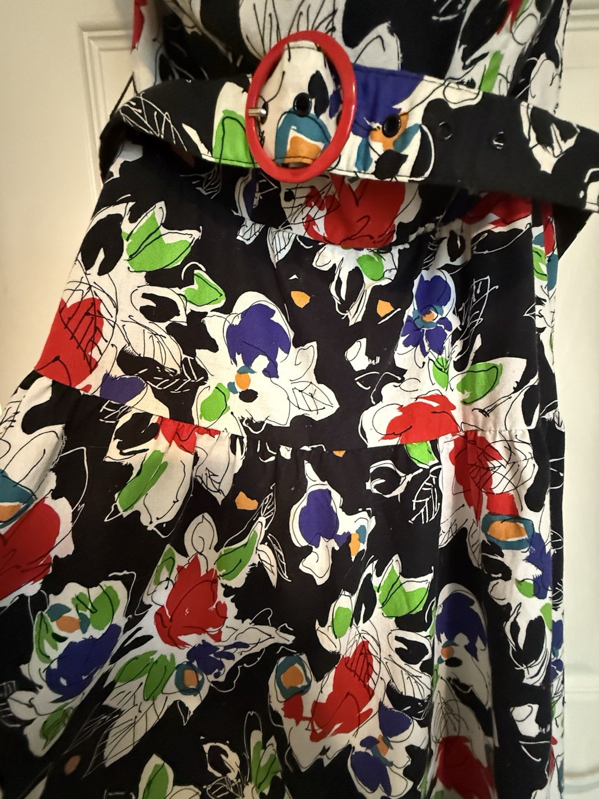 VTG 80s Strapless Belted Drop Waist Floral Dress Black Red White Bold Spring 10