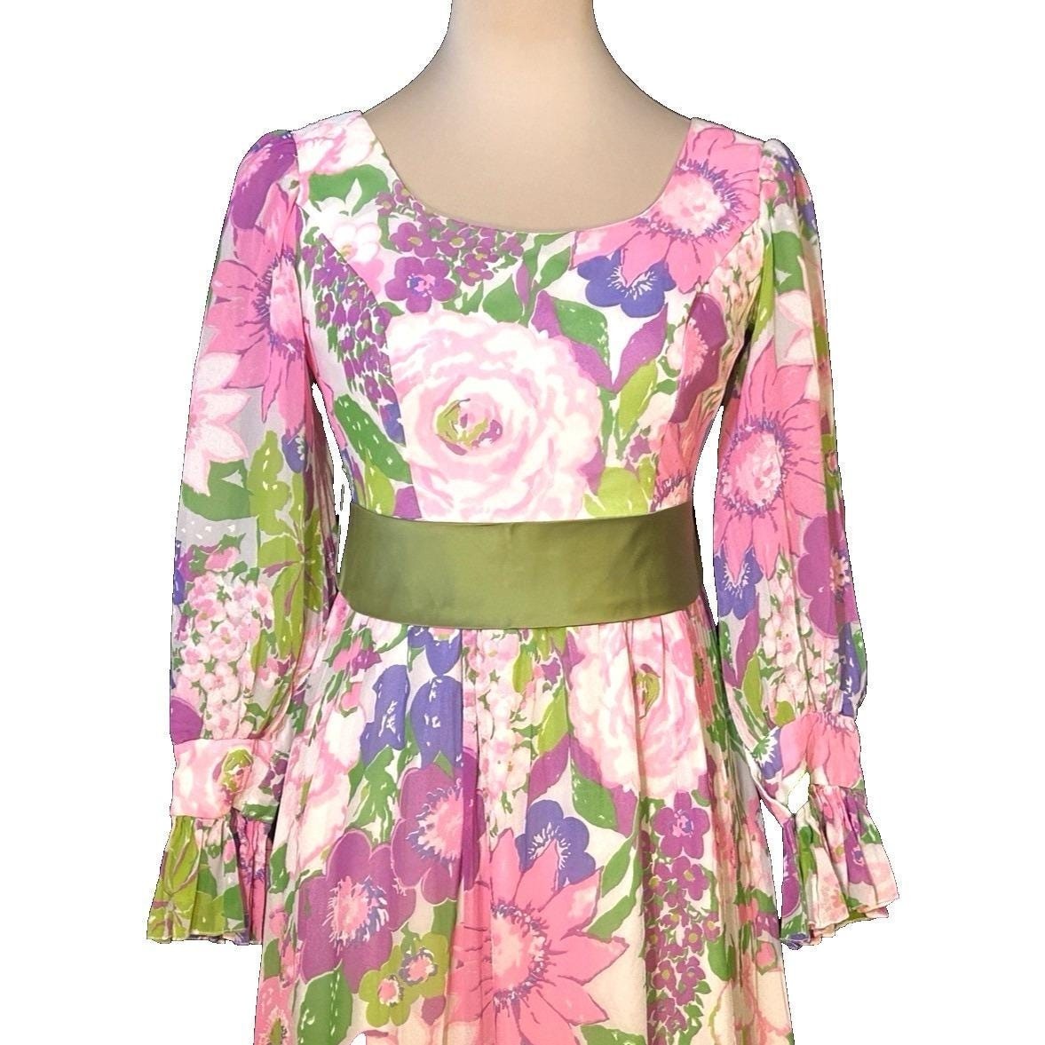 Vintage 70s Fairycore Vibrant Floral Dress Sheer Juliet Sleeves Velvet Sash USA